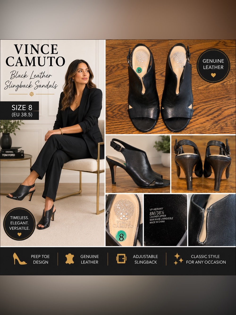 Vince Camuto Black Leather Peep-Toe Slingback Heels